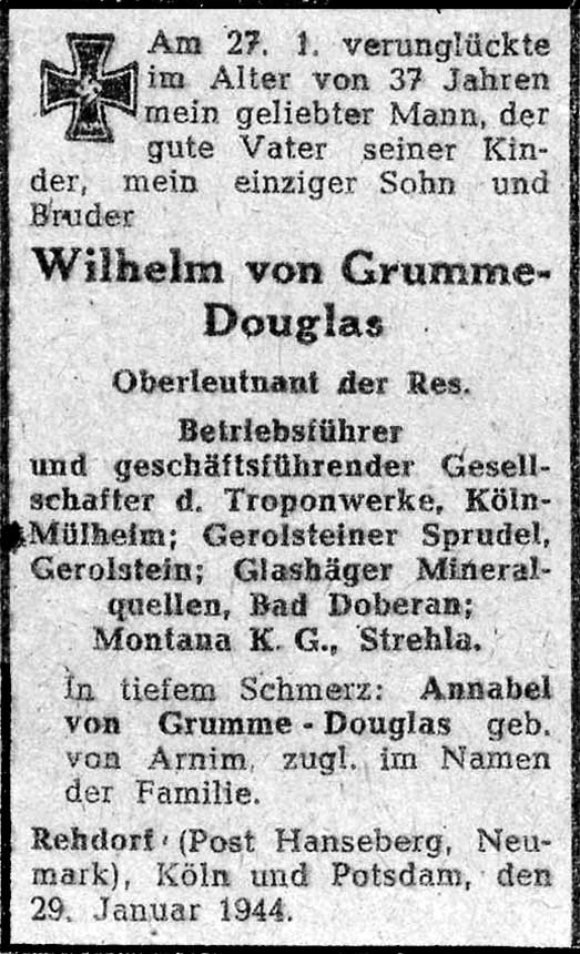 Wilhelm von Grumme-Douglas dödsnotis