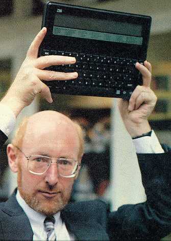 Sir Clive Sinclair with his Cambridge Computer Z88