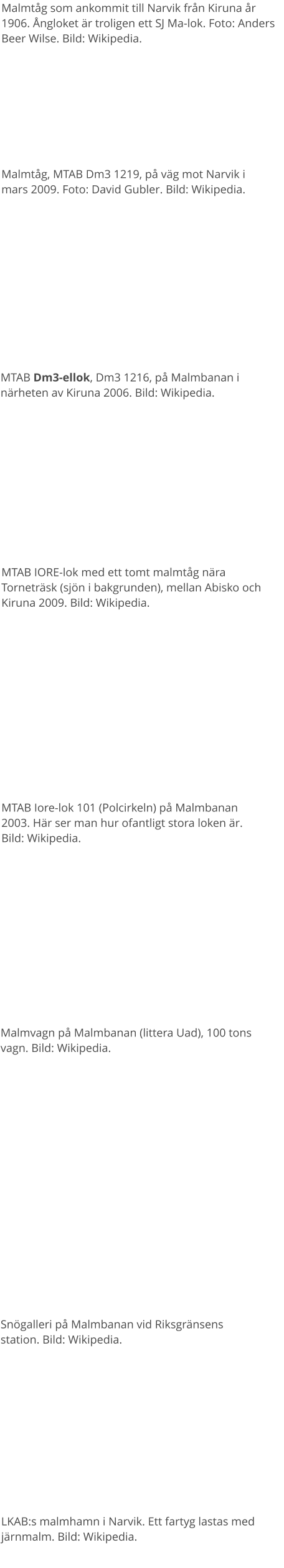 MTAB IORE-lok med ett tomt malmtåg nära Torneträsk (sjön i bakgrunden), mellan Abisko och Kiruna 2009. Bild: Wikipedia. MTAB Dm3-ellok, Dm3 1216, på Malmbanan i närheten av Kiruna 2006. Bild: Wikipedia. MTAB Iore-lok 101 (Polcirkeln) på Malmbanan 2003. Här ser man hur ofantligt stora loken är. Bild: Wikipedia. Malmvagn på Malmbanan (littera Uad), 100 tons vagn. Bild: Wikipedia. Snögalleri på Malmbanan vid Riksgränsens station. Bild: Wikipedia. LKAB:s malmhamn i Narvik. Ett fartyg lastas med järnmalm. Bild: Wikipedia. Malmtåg som ankommit till Narvik från Kiruna år 1906. Ångloket är troligen ett SJ Ma-lok. Foto: Anders Beer Wilse. Bild: Wikipedia. Malmtåg, MTAB Dm3 1219, på väg mot Narvik i mars 2009. Foto: David Gubler. Bild: Wikipedia.